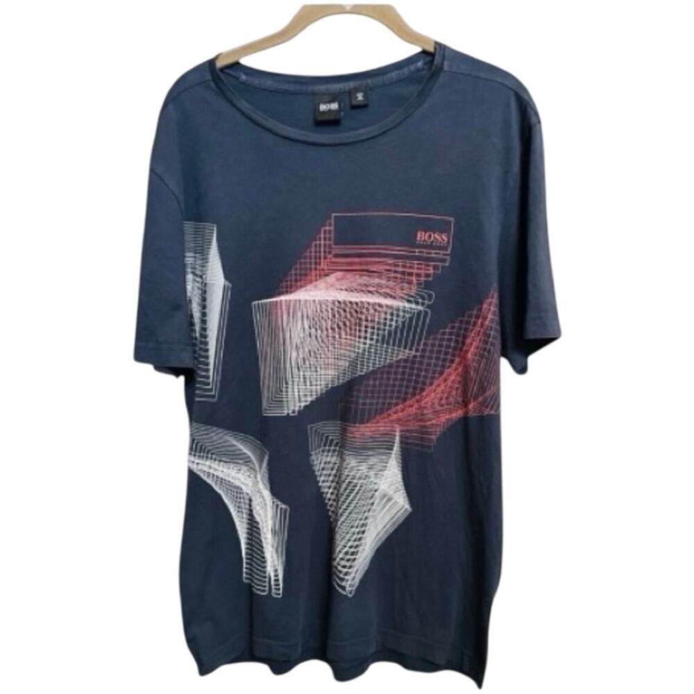 Hugo Boss Men’s Short Sleeve T Shirt Size L Navy Geometric Graphic Soft Cotton